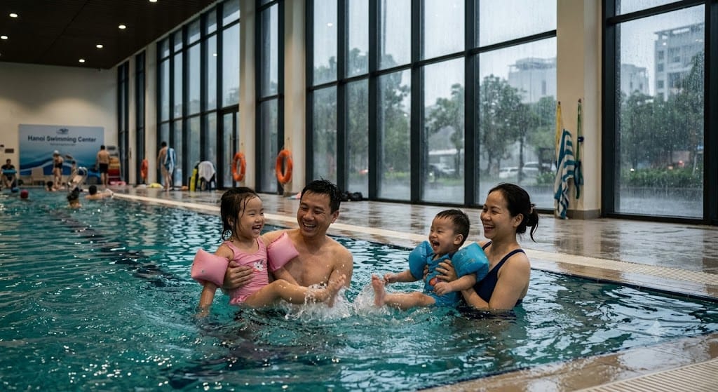 Có nên cho trẻ đi bơi khi trời mưa?